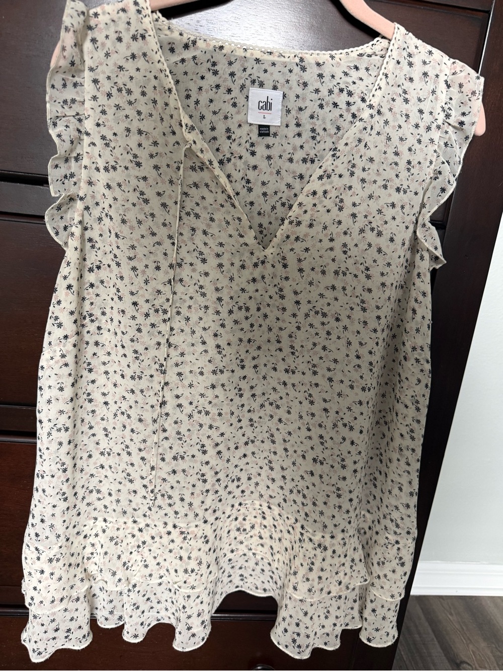 CAbi Cream Floral Ruffle Sleeveless top